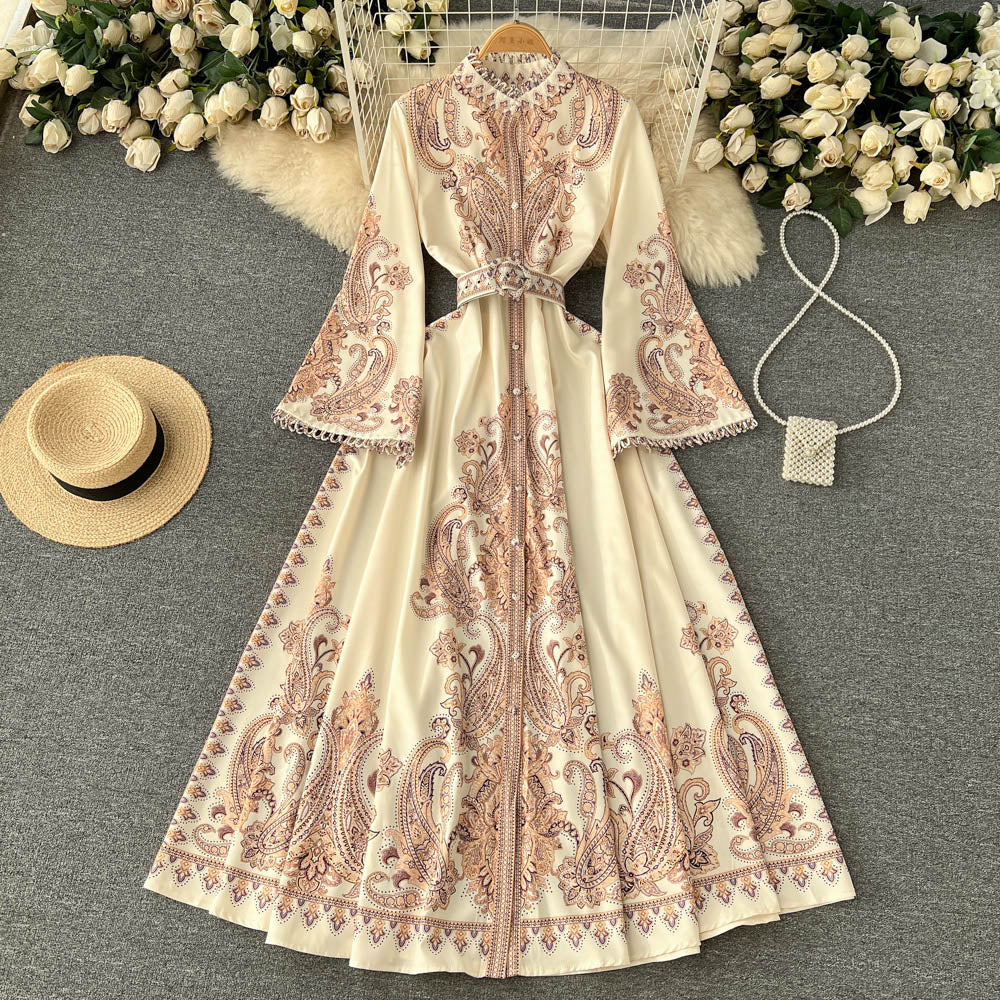 Spring Autumn Elegant Maxi Dresses for Women Boho Printed Flare Sleeve Button Female Party Evening Big Swing High Waist Luxury voguable