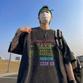 Hybskr American Batik Washed Short Sleeve T-shirt Men Baggy Fashion Letter Graphic Print Summer Oversized Pure Cotton Top Tees voguable