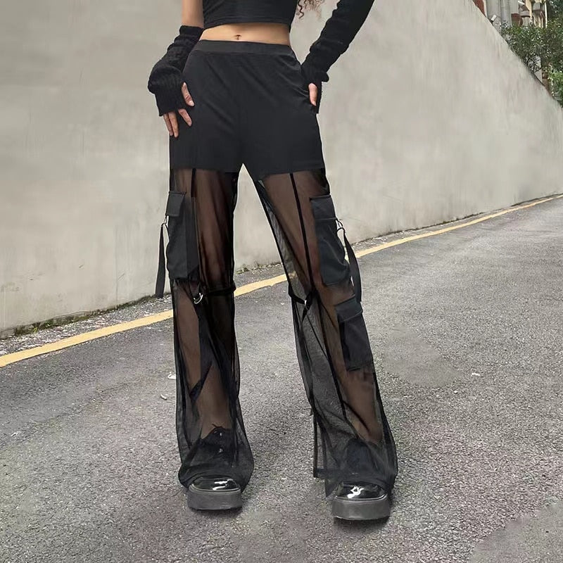 Voguable Harajuku Pocket Baggy Cargo Pants Woman Low Rise Chic Mesh Patchwork See Through Sweatpants Punk Style Women Jogging Trousers voguable