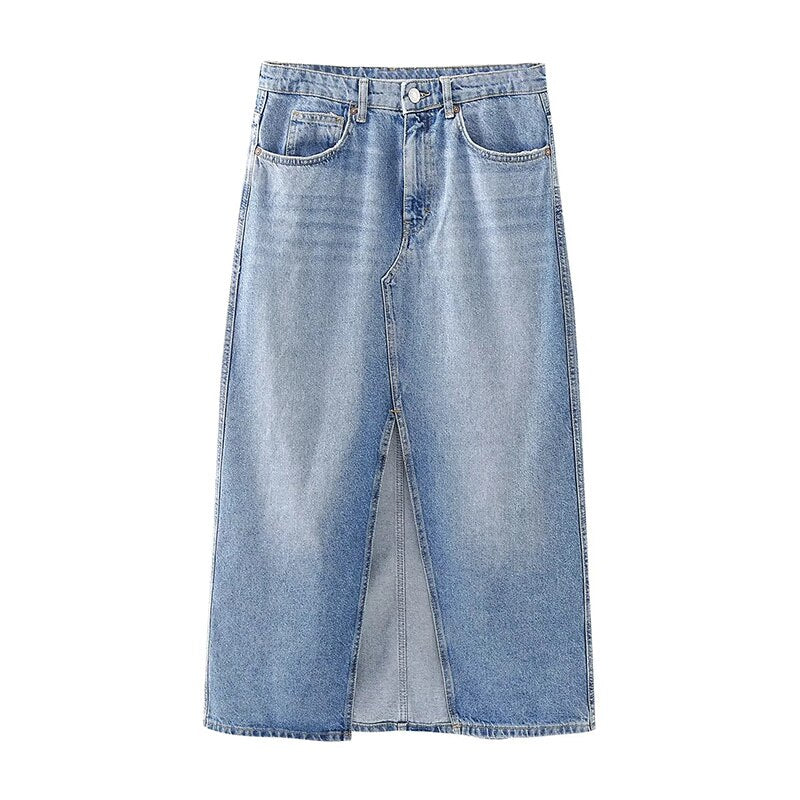 Tassel Trimmed Women Elegant Straight Slit Maxi Denim Skirt Spring Summer Fashion Cotton Pockets Fashion Long Skirt voguable