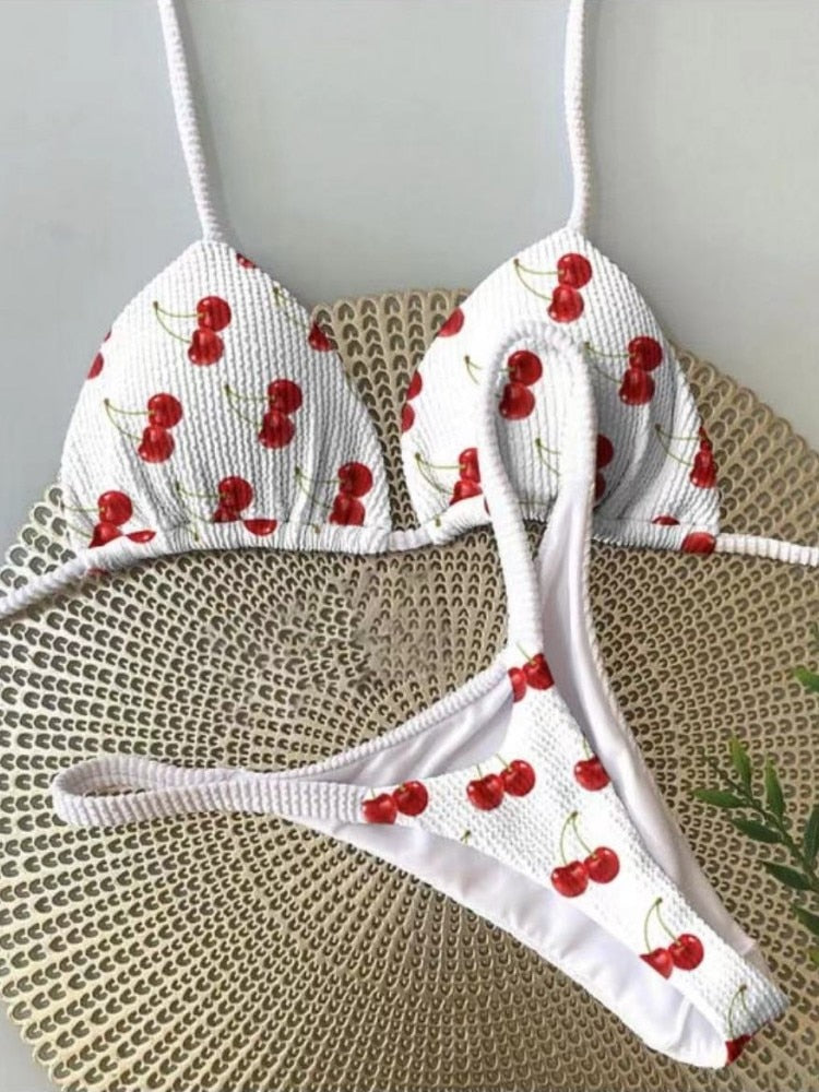 Swimwear Women Cute Cherry Print Brazilian Thong Bikini Set Sexy Thong Swimsuit Two Pieces Bathing Suit Women Beach Wear voguable