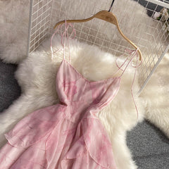 Summer Elegant Midi Dress for Women Pink Ruffle Spaghetti Strap Femlae Vestidos Flared Sexy Bright Layered Dresses Prom New In voguable