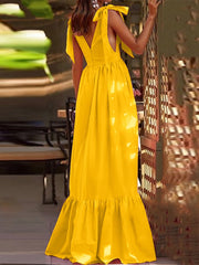 Sexy Summer Women V-Neck Sling Backless Dress Elegant Hollow Out BowKnot Long Party Dress Fashion Femme Dot Maxi Dress Vestido voguable