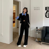 Women Splice Lapel Fashion Solid Short Blazer Coat Crop Top+Straight Pants Two Piece Sets Female Elegant Streetwear Outfits voguable