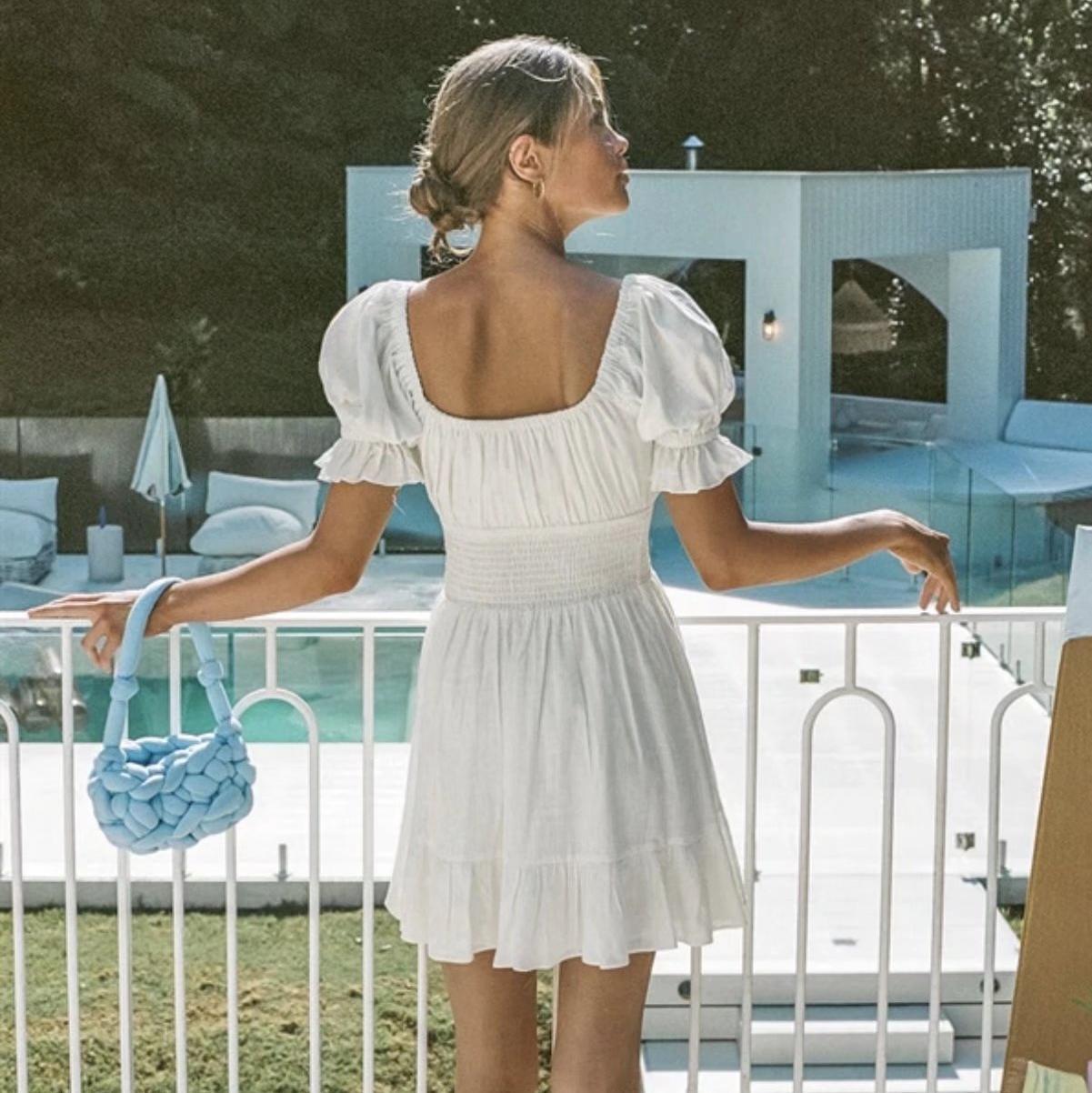 Voguable White Polka Dot Summer Beach Dress Women Puff Sleeve Vintage Ruffle A-line Backless Chiffon Short Dress Vestidos 2022 voguable