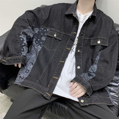 Vintage Cashew Blossom Patchwork Jackets Korean Streetwear Casual Man Denim Coats Single Breasted Hip Hop Outerwears voguable