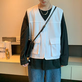 Vests Men Big Pockets Korean Style Loose Handsome Autumn Trendy All-match Solid V-neck Clothing Harajuku Stylish Leisure Male voguable