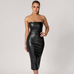 Women Sexy Strapless Tube Top Midi Dress Off Shoulder Bodycon Sexy Party Faux Leather Dress vestidos de mujer party dresses voguable