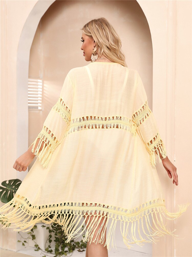 Fringe Beach Dress Summer Women Cover Up White Cardigan Dresses Robe De Plage Tassel For 2022 Large size xxl Swim Coverup Ups voguable