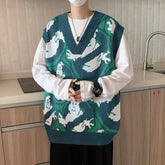 Sweater Vest Men Japanese Retro Knitting Spring Loose High Street Rabbit Print Graffiti Clothing Harajuku V-neck Chic Streetwear voguable
