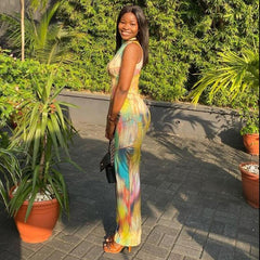 Women Halter Aesthetic Colorful Tie Dry Maxi Dress Hipster Striped Patchwork sleeveless Straight Robe Female Streetwear voguable