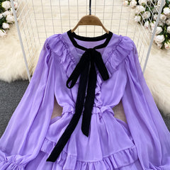 Summer Elegant Midi Dress for Women Ruffle Patchwork Bow Tie Neck Long Sleeve Female Vestidos Thin Chiffon Elegant New In Chic voguable