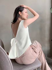 Women White Backless Pleated Irregular Tank Tops New O-collar Sleeveless Personality Fashion Spring Summer voguable