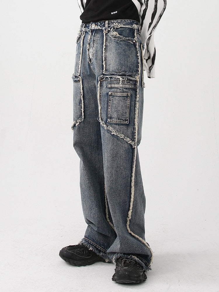 Men's Pants New Autumn Vintage Wash Rough Edge Straight Tube Splicing Male Jeans High Street Wide Leg Trousers 9A5086 voguable