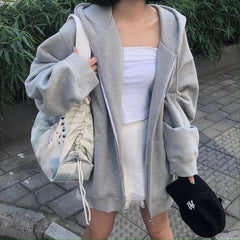 VOGUABLE Women Hoodies Harajuku Korean Version Zip Up Loose Oversized Sweatshirts Casual Solid Color Long Sleeve Hooded Sweatshirt Coats voguable