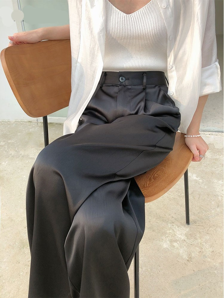 2022 Summer Autumn Silk Satin Women's Pants Loose Classic Black Straight High Waist Casual Korean Wide Leg Trousers for Women voguable
