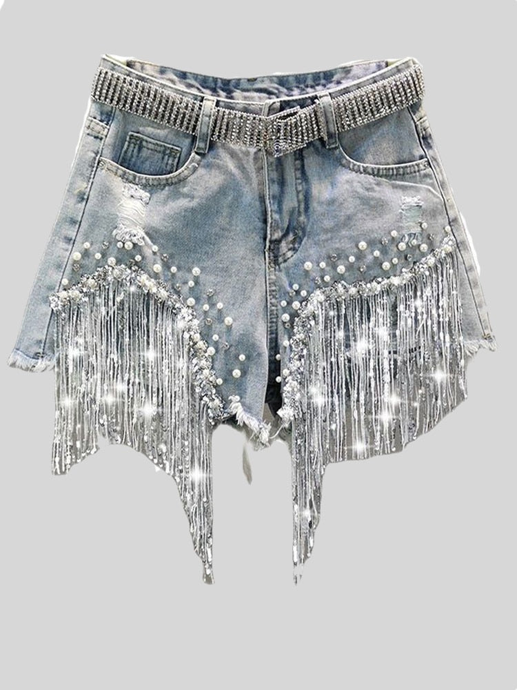 S-5XL Waist Beads Tassel Women'S Denim Shorts Summer Beading Wide Leg Thin Oversized Jeans Korean Streetwear Women Clothes voguable