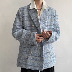 Double Breasted Men's Coat Loose Thickened Tweed Suit 2023 Spring Autumn Casual Korean Fashion Male Blazer voguable