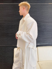 Personalized Lace-up Design Korean Style Men's Solid Colour Shirt 2023 New Concealed Button Lapel Fashionable Casual Tops voguable