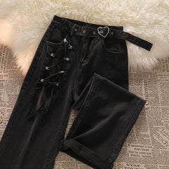 Women Black Straight Jeans Female High Waist Slim Lace Up Denim Pants Hot Girl Casual Wide Leg Dark Gray Vintage Trousers voguable
