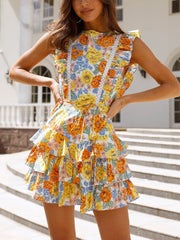 Dresses For Women Round Neck Sleeveless Lace Trim Ruffle Floral Print Mini Dress With Belt Sexy Backless Beach Summer Dress voguable