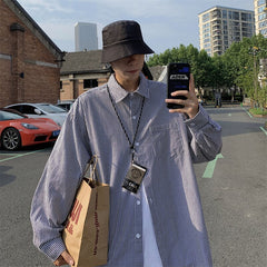 Shirts Men Spring Japanese Vintage Striped Long Sleeve Fashion Loose Handsome Casual Camisa Masculina Harajuku Simple Clothing voguable