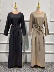 Voguable Handcraft Beads 3 Piece Muslim Set Matching Outfit Crinkled Crepe Open Abaya Kimono Long Sleeve Dress Wrap Skirt Dubai Autumn voguable