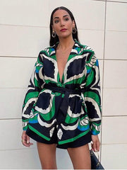 Oversized Green Print Boho Women Shorts Sets Shirts Shorts Pants Three Pieces Fashion Suits Matching Sets 2023 Summer voguable