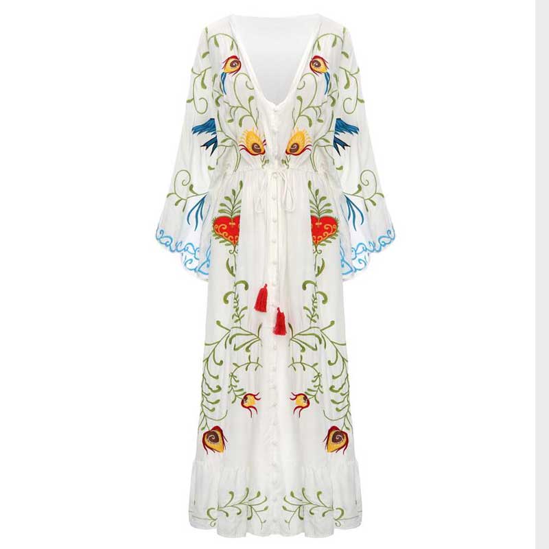 Floral bireds embroidered maxi dress V-neck batwing sleeve tunic summer beach dress for women tassle tied buttos voguable