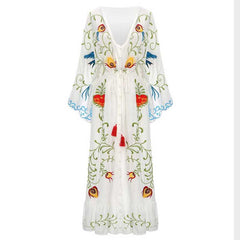 Floral bireds embroidered maxi dress V-neck batwing sleeve tunic summer beach dress for women tassle tied buttos voguable