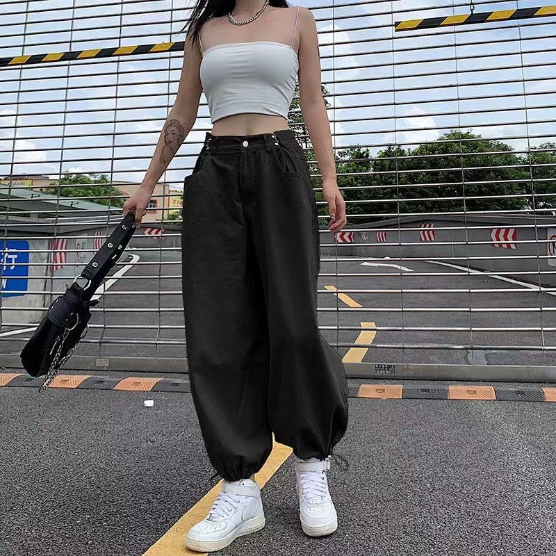 Voguable  Khaki Oversized Cargo Baggy Pants Y2K Hip Hop Style Loosed  Adjustable Waist Drawstring Long Pant Streetwear 90s Style Clothes voguable