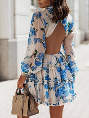 Backless Long Sleeve Chiffon Blue Casual Women Spring Summer Short Dress Lace Up Purple A-line Ruffles Robe Dress voguable