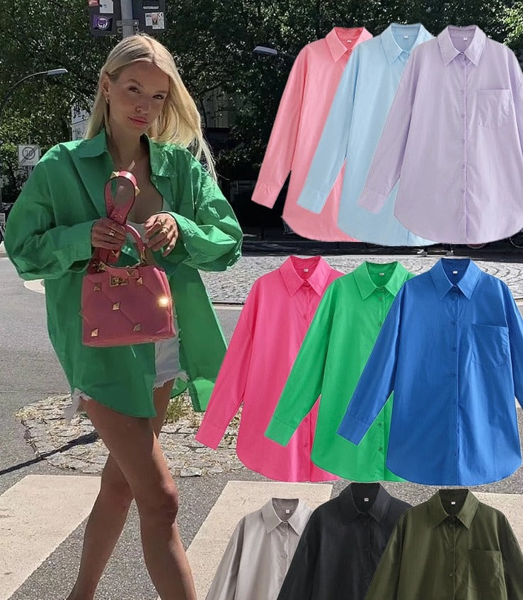 Women Chic Green Oversized Long Autumn Shirts Solid Single Button Casual Blouses Long Sleeve Elegant Mujer Tops voguable