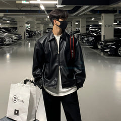 Korean Chic Double Zipper Men's PU Leather Jacket New Black Simple Trendy Lapel Autumn Black Coats Chic Casual 9A1175 voguable