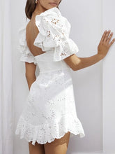 Ruffles Puff Sleeve White Lace Dress Flower Embriodery Hollow Out Cotton Beach Dress Women Backless Party Mini Dress voguable