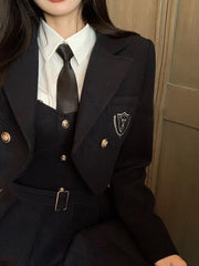 Women Blazer Shirt Dress Three-piece Suits Autumn Spring College Style Long-sleeved Shirt+woolen Short Coat+suspender Dress voguable