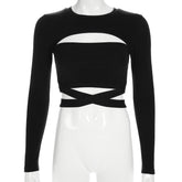 Bodycon Criss Cross Bandage T-shirt Women Long Sleeve Hollow Out T Shirts Femme Streetwear Crop Tops Tees Autumn voguable