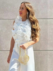 Big Flower Decoration White Summer Jumpsuit for Women O Neck Sleeveless Tank Party Overall Black New Office Romper voguable