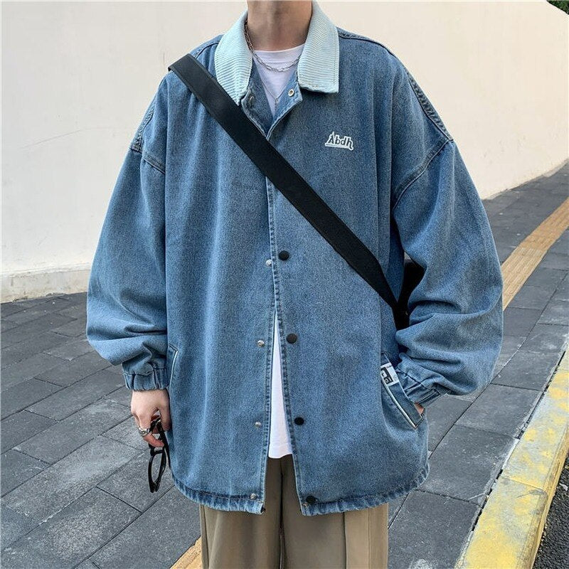 Voguable Korean Fashion Harajuku Denim Jacket Men Oversized Handsome Trend Fried Street Jacket Autumn Loose Wild Coat Streetwear voguable