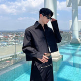 Male Stylish Burrs Shirt Niche Design Casual Long Sleeve Short Top Men's Solid Color Turn-down Collar Clothing voguable