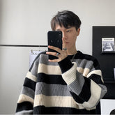 Voguable Korean Fashion High Quality Patchwork Striped Sweater Round Neck Vintage Pullover Men Winter Casual Loose Oversized Mens Sweater voguable