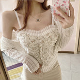 Women French Lace Camisole Flower Pearl Decor Frills Sling Tank Tops Girls Vintage Elegant Crop Tops Fashion Streetwear voguable