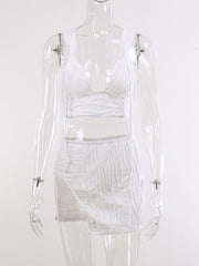 Voguable White Women's Suits With Skirt Jacquard Knitted Chic 2 Pieces Set Beach Rave Crop Tops Split Mini Skirts Sexy Outfits For Woman voguable