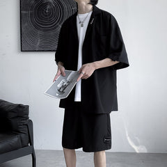 M-3XL Cargo Sets Men Two Piece Summer Notch Shirts Elastic Waist Shorts Summer Korean Fashion Streetwear Baggy Soft Thin Chic voguable