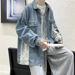 Vintage Cashew Blossom Patchwork Jackets Korean Streetwear Casual Man Denim Coats Single Breasted Hip Hop Outerwears voguable
