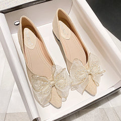 Low Heels Pearl Decorateion Shallow Mouth Shoes Casual Female Sneakers All-Match Round Toe Bow-Knot Large Size Women Flats Modis voguable