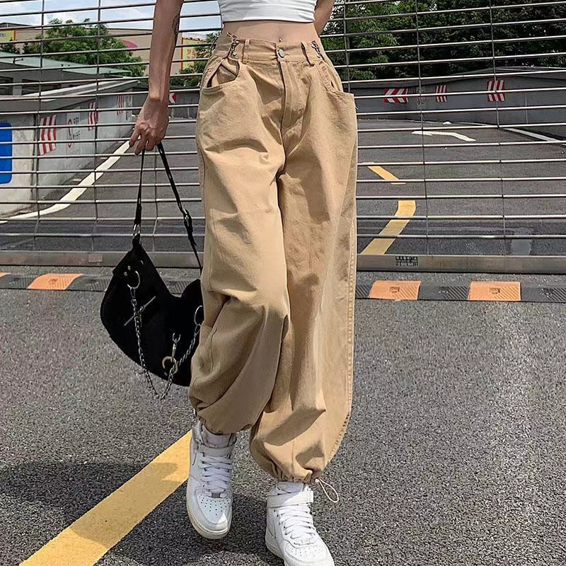 Voguable  Khaki Oversized Cargo Baggy Pants Y2K Hip Hop Style Loosed  Adjustable Waist Drawstring Long Pant Streetwear 90s Style Clothes voguable