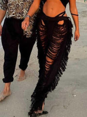 Women Fashion Y2K Solid Knitted Straight Pants Hipster Tassel Hollow Out High-Waist Bottoms Streetwear Christmas Trousers New voguable