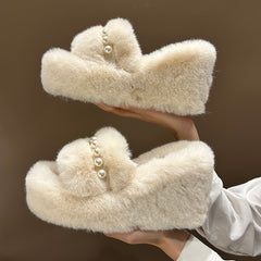 String Bead On A Wedge Shoes Woman's Slippers Luxury Slides Flock Platform Fur Flip Flops Heeled Mules Designer Plush High voguable
