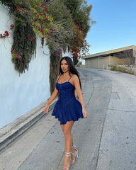 Voguable Spaghetti Straps Mini Dress Summer Strapless Women Lace Up Corset Imitation Denim Dress Ruffle Night Club Party Bandage Vestidos voguable